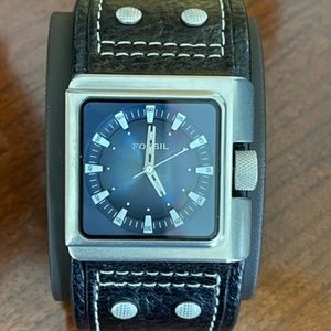 Fossil silver tone, black luggage genuine leather cuff band watch